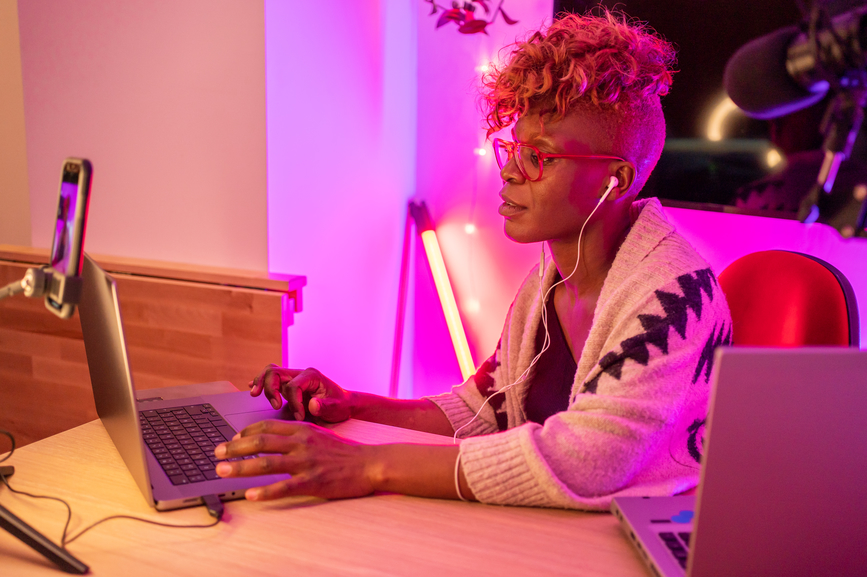 Digital Content Creator, Woman Youtuber Streaming A Video From Home.