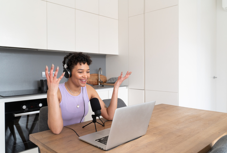 Woman recording podcast