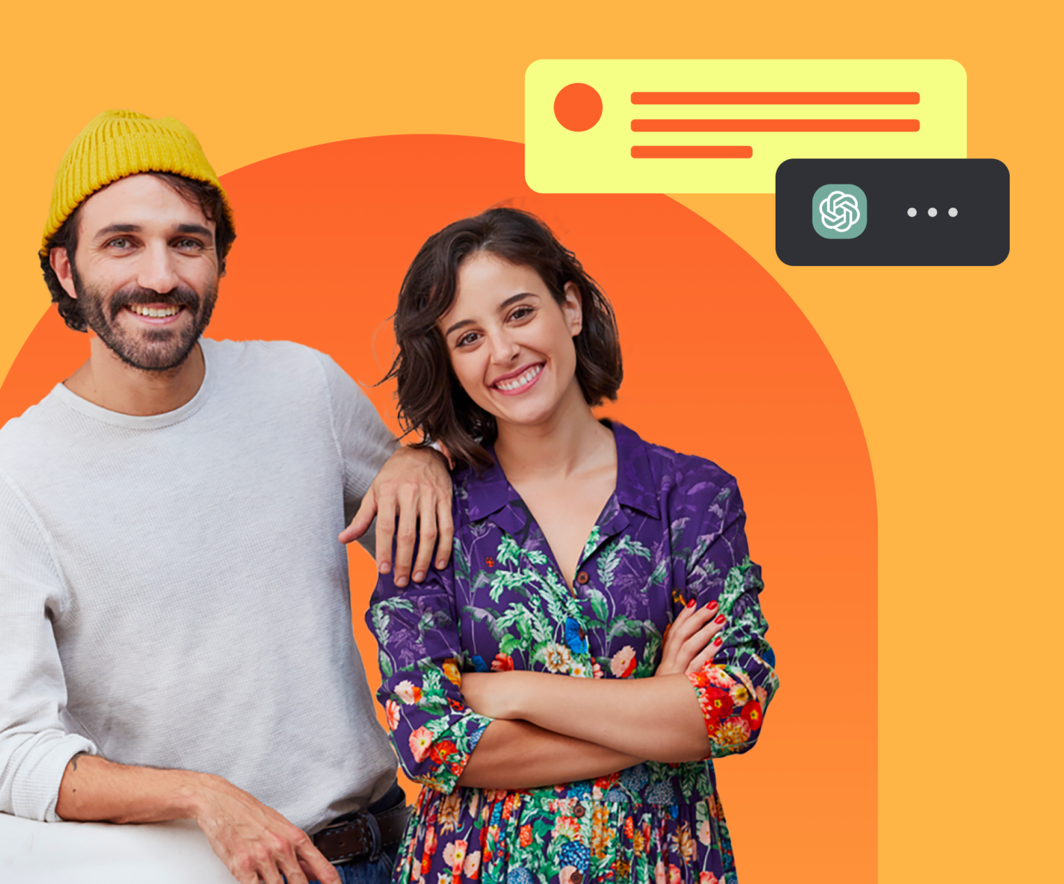 Photo of two bloggers, with stylized background ancluding chatGPT logo and a chat window