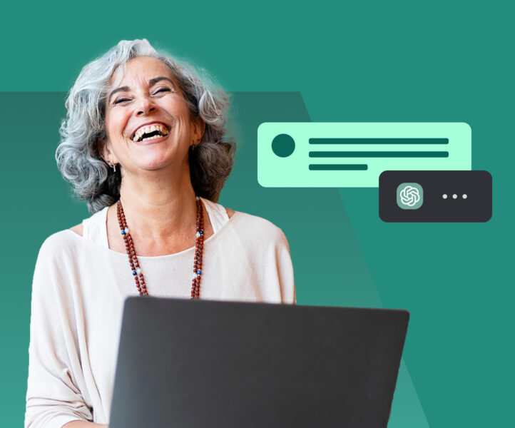 Photo of an author, with stylized background ancluding chatGPT logo and a chat window