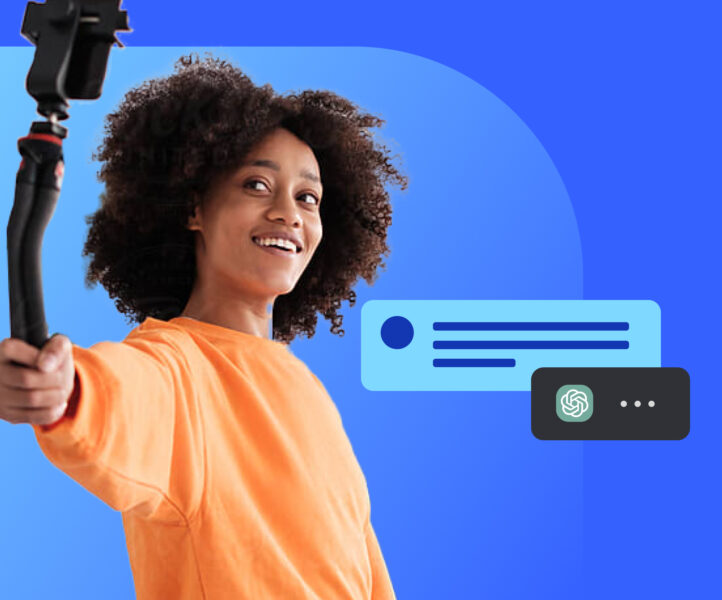 Photo of a YouTuber, with stylized background ancluding chatGPT logo and a chat window